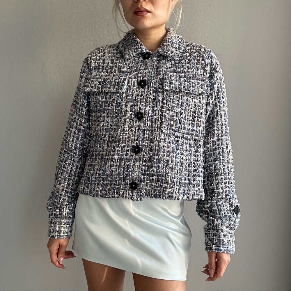 Dutch Brand - Silvercreek Cropped Sequined Tweed Jacket in Blue and Silver